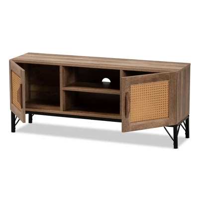 Veanna Bohemian Natural Wood And Metal 2 Door Synthetic Rattan TV Stand For TVs Up To 40" Brown/Black - Baxton Studio 1 Veanna Bohemian Natural Wood And Metal 2 Door Synthetic Rattan TV Stand For TVs Up To 40" Brown/Black - Baxton Studio