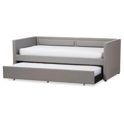 Baxton Studio Twin Raymond Modern And Contemporary Fabric Nailhead Trimmed Sofa Daybed With Roll Out Trundle Guest Bed Gray: Rubberwood Frame 1 Baxton Studio Twin Raymond Modern And Contemporary Fabric Nailhead Trimmed Sofa Daybed With Roll Out Trundle Guest Bed Gray: Rubberwood Frame