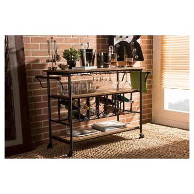 Bradford Rustic Industrial Style Antique Black & Metal Distressed Wood Mobile Kitchen Bar Serving Wine Cart - Baxton Studio 3 Bradford Rustic Industrial Style Antique Black & Metal Distressed Wood Mobile Kitchen Bar Serving Wine Cart - Baxton Studio - Image 3