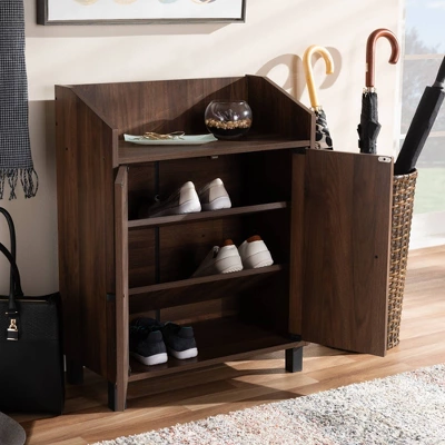 Rossin Walnut Finished 2 Door Wood Entryway Shoe Storage Cabinet With Open Shelf Brown - Baxton Studio 2 Rossin Walnut Finished 2 Door Wood Entryway Shoe Storage Cabinet With Open Shelf Brown - Baxton Studio - Image 2