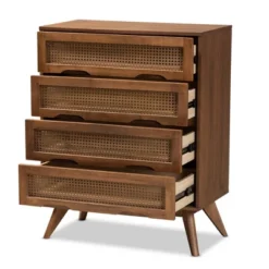 Barrett Wood And Synthetic Rattan 4 Drawer Chest Walnut Brown - Baxton Studio