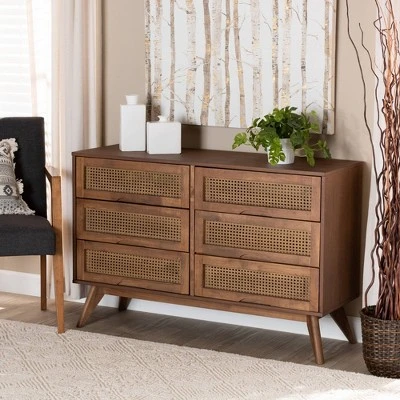 Barrett Wood And Synthetic Rattan 6 Drawer Dresser Walnut Brown - Baxton Studio 7 Barrett Wood And Synthetic Rattan 6 Drawer Dresser Walnut Brown - Baxton Studio - Image 7