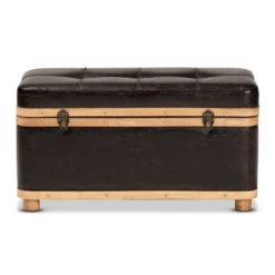 Gendry Faux Leather Upholstered And Wood Large Storage Ottoman Dark Brown/Oak Brown - Baxton Studio