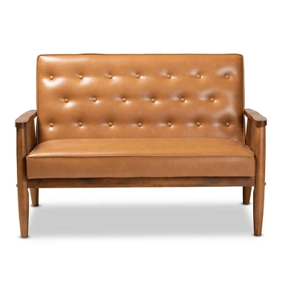 Sorrento Mid-Century Faux Leather Upholstered Wood Loveseat Walnut/Brown - Baxton Studio 1 Sorrento Mid-Century Faux Leather Upholstered Wood Loveseat Walnut/Brown - Baxton Studio