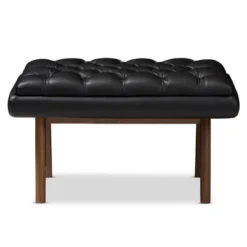 Baxton Studio Annetha Mid Century Modern Walnut Finished Wood Faux Leather Upholstered Ottoman Black