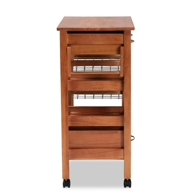 Crayton Wood And Metal Mobile Kitchen Storage Cart Oak Brown/Silver - Baxton Studio 5 Crayton Wood And Metal Mobile Kitchen Storage Cart Oak Brown/Silver - Baxton Studio - Image 5