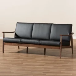 Venza Mid-Modern Walnut Wood Faux Leather 3 Seater Sofa Black - Baxton Studio 12 Venza Mid-Modern Walnut Wood Faux Leather 3 Seater Sofa Black - Baxton Studio -Baxton Studio GUEST f16218f9 5a18 4a1a a1dd 412e20eb8d76
