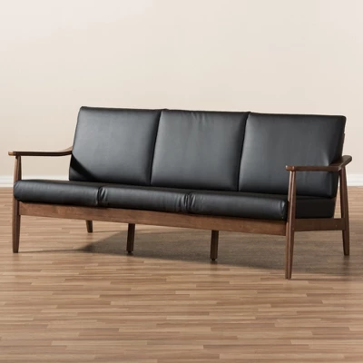 Venza Mid-Modern Walnut Wood Faux Leather 3 Seater Sofa Black - Baxton Studio 6 Venza Mid-Modern Walnut Wood Faux Leather 3 Seater Sofa Black - Baxton Studio - Image 6