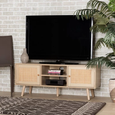 Sebille Wood With Natural Rattan 2 Door TV Stand For TVs Up To 45" Light Brown - Baxton Studio 7 Sebille Wood With Natural Rattan 2 Door TV Stand For TVs Up To 45" Light Brown - Baxton Studio - Image 7