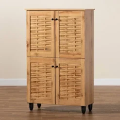 Winda Wood 4 Door Shoe Storage Cabinet Oak Brown/Black - Baxton Studio -Baxton Studio GUEST f23c1cab 96e1 49e4 b69b d583741f4e4e