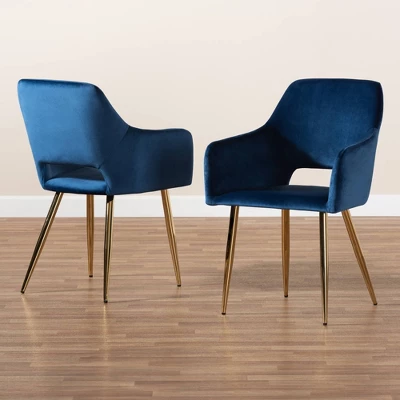 Set Of 2 Germaine Velvet Upholstered Metal Dining Chairs Navy Blue/Gold - Baxton Studio: Mid-Century Modern, Arm Style: Polyester, Spot Clean 6 Set Of 2 Germaine Velvet Upholstered Metal Dining Chairs Navy Blue/Gold - Baxton Studio: Mid-Century Modern, Arm Style: Polyester, Spot Clean - Image 6