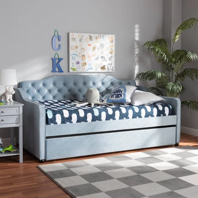 Twin Freda Velvet Tufted Daybed With Trundle Light Blue - Baxton Studio 7 Twin Freda Velvet Tufted Daybed With Trundle Light Blue - Baxton Studio - Image 7