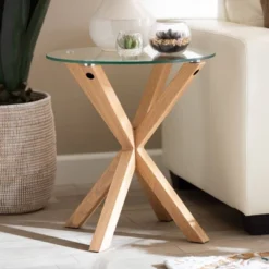 Lida Glass And Wood Finished End Table Clear/Natural - Baxton Studio -Baxton Studio GUEST f5b19da8 0647 4fb9 be49 0ac4e9ee36c7