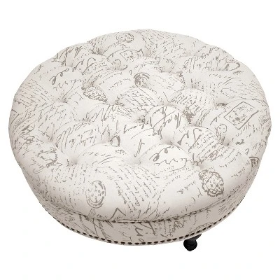 Palfrey Tufted Ottoman Beige - Baxton Studio: Eucalyptus Frame, Linen Upholstery, French Script Print 2 Palfrey Tufted Ottoman Beige - Baxton Studio: Eucalyptus Frame, Linen Upholstery, French Script Print - Image 2