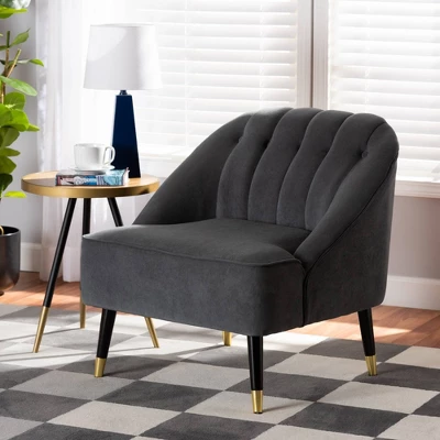 Ellard Velvet Fabric Upholstered Two-Tone Wood Accent Chair Gray/Dark Brown - Baxton Studio 3 Ellard Velvet Fabric Upholstered Two-Tone Wood Accent Chair Gray/Dark Brown - Baxton Studio - Image 3