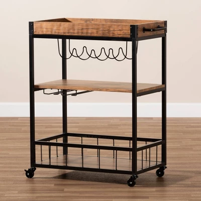 Cerne Oak And Finished Mobile Metal Bar Cart With Wine Bottle Rack Brown - Baxton Studio 8 Cerne Oak And Finished Mobile Metal Bar Cart With Wine Bottle Rack Brown - Baxton Studio - Image 8