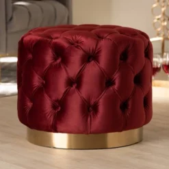 Valeria Velvet Button Tufted Ottoman Burgundy Heather - Baxton Studio
