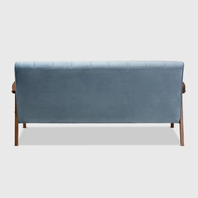 Asta Velvet Upholstered Wood Sofa Light Blue/Walnut - Baxton Studio 3 Asta Velvet Upholstered Wood Sofa Light Blue/Walnut - Baxton Studio - Image 3