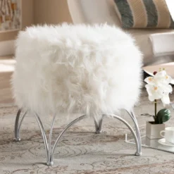 Celia Faux Fur Upholstered Silver Metal Ottoman White/Silver - Baxton Studio 9 Celia Faux Fur Upholstered Silver Metal Ottoman White/Silver - Baxton Studio -Baxton Studio GUEST fb6abb88 a5b2 40e2 b423 e82a2808b68b