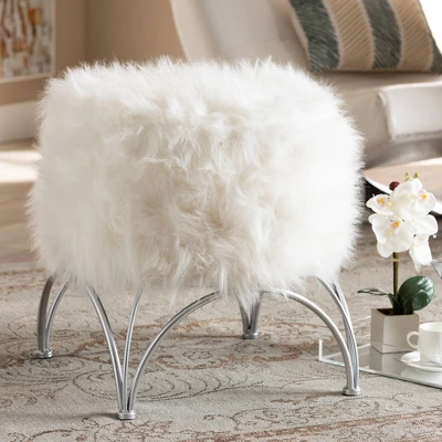 Celia Faux Fur Upholstered Silver Metal Ottoman White/Silver - Baxton Studio 4 Celia Faux Fur Upholstered Silver Metal Ottoman White/Silver - Baxton Studio - Image 4