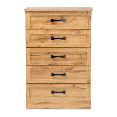 Colburn Wood 5 Drawer Tallboy Storage Chest Oak Brown - Baxton Studio 2 Colburn Wood 5 Drawer Tallboy Storage Chest Oak Brown - Baxton Studio - Image 2