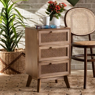 Baden Wood With Rattan 3 Drawer Nightstand Walnut Brown - Baxton Studio 1 Baden Wood With Rattan 3 Drawer Nightstand Walnut Brown - Baxton Studio